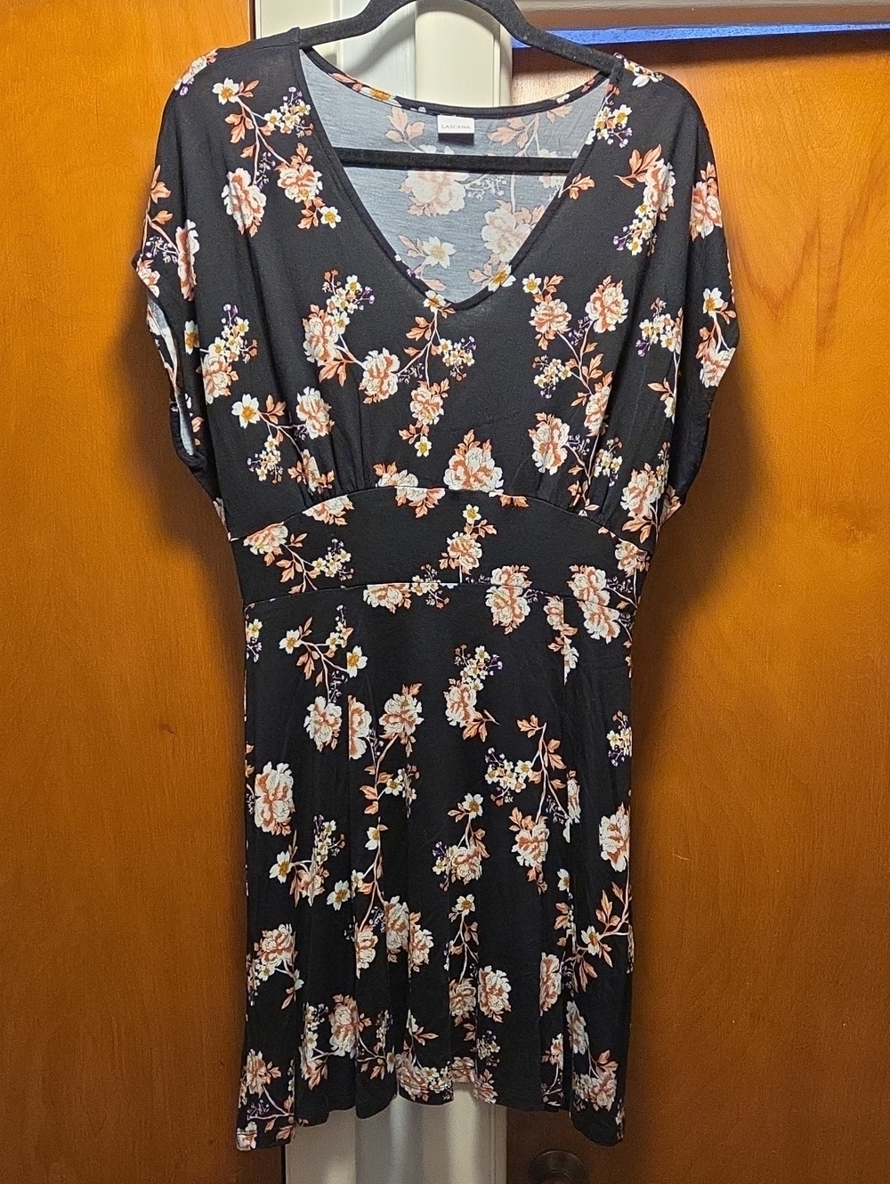 Black Floral V-Neck Mini Dress with Peach Blooms